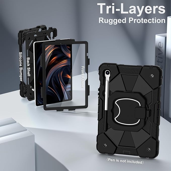 Case for Samsung Galaxy Tab S10 Lite / S10 FE / S9 FE 10.9 Inch &amp Galaxy Tab S9 11 Inch Rugged Samsung S10 Tablet Case with Pen Holder 360 Rotating Stand Shoulder Strap Screen Protector Black