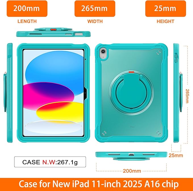 Batianda Ultimate Protective Case for New iPad 11th Generation 11 inch 2025 A16 Chip Sturdy Rugged Shockproof Silicone Tablet Cover with 360° Rotatable Ring Kickstand &amp Pencil Holder Blue