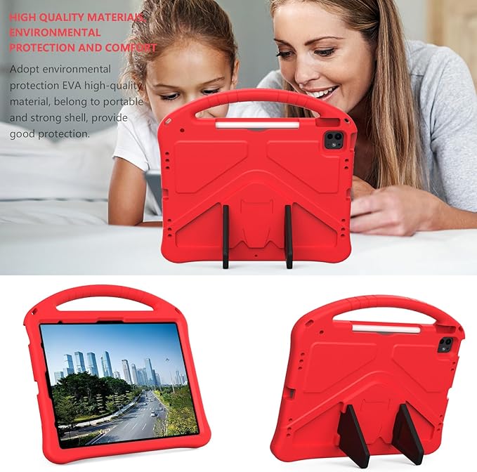Case for iPad Air 13 inch (M2/M3) 2024/2025 for iPad Pro 13 inch (M4) 2024/12.9 inch (M2) 2022 EVA Shockproof Cover with Strap Handle Stand Red