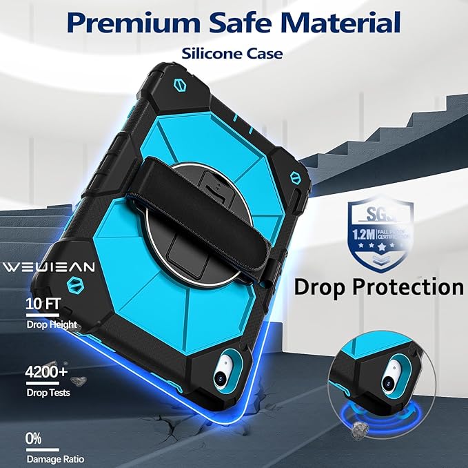 Weuiean Case for iPad A16 11th/10th Generation 11/10.9 Military-Grade Heavy-Duty Shockproof Cover with 360° Rotating Stand Built-in Pencil Holder &amp Adjustable Hand/Shoulder Strap -BrightBlue+B
