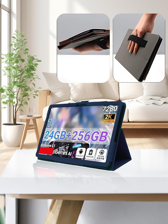 for TABWEE T60 Pro/VekfulPC T60 Pro 13.4 Inch Android Tablet CaseBOVUGAC Folding Stand Protective Cover with Pencil Holder and Wrist StrapFull Protection Premium PUScratch Resistant(Dark Blue)