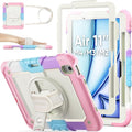 SEYMAC stock Case for iPad Air 11-inch M4-M2 2026-2024 (Gen 8-6) Shockproof Heavy Duty Case with Screen Protector Pencil Holder Rotating Stand Hand Strap Shoulder Strap Pink