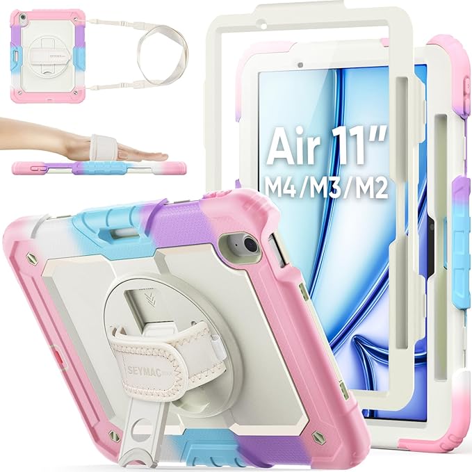 SEYMAC stock Case for iPad Air 11-inch M4-M2 2026-2024 (Gen 8-6) Shockproof Heavy Duty Case with Screen Protector Pencil Holder Rotating Stand Hand Strap Shoulder Strap Pink
