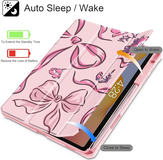 Mektron Case for Samsung Galaxy Tab S6 Lite 10.4 Inch 2024/2022/2020 with S Pen Holder Multi-Angle Viewing with Shockproof Cover Clear Shell + Trifold Stand + Auto Wake/Sleep Flowers-Bows-Pink