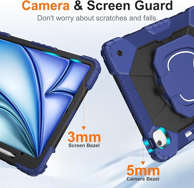 Case for iPad Air 13 Inch Case M4 2026/M3 2025/ M2 2024 Auorld for iPad Air 13 Inch Case M4 2026 Case with Screen Protector 360 Degree Rotating Stand Shoulder Strap Pencil Holder Navy Black