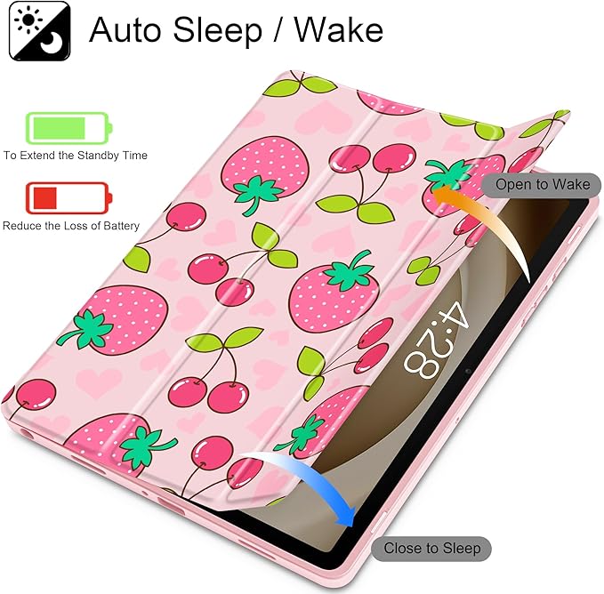 Tuiklol for Samsung Galaxy Tab A9+ Tablet 11” / A9+ Plus 2024 2023Buit-in S-Pen Holder with Clear Protective Cover Transparent Back Shell Auto Wake/Sleep Samsung Tab A9 Plus CoverStrawberry &amp ch