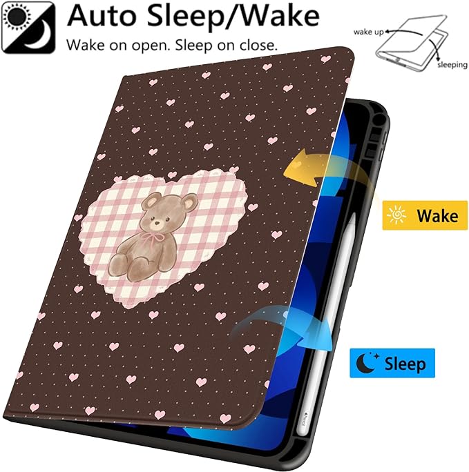 Cute Chocolate Bear Case for iPad Pro 13-inch(M4) 2024Textured Folio Case with Pencil Holder Multi-Angle View Adjustable Stand Auto Wake/Sleep(Model Number:A2925/A2926/A3007) for Girls Boys