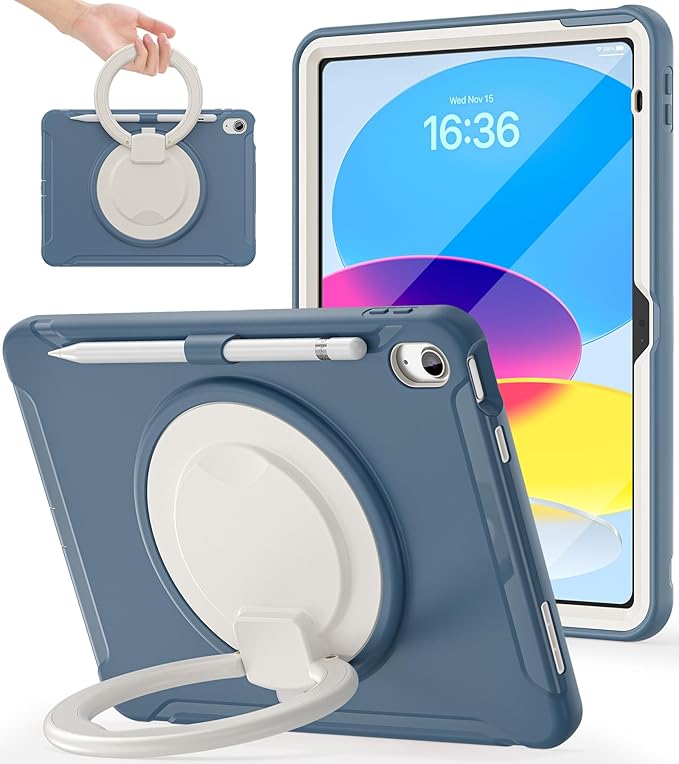 BATYUE Shockproof Case for iPad 10th Gen 10.9 2022 / 11th Gen (A16) 11 2025 | 360° Multi-Angle Stand (Portrait &amp Landscape) &amp Grip Built-in Screen Protector Pencil Holder Dusty Blue