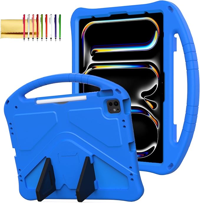 Kids Case for iPad Pro 13 M5 M4/Air 13 2026 2025 2024 iPad Pro 12.9 2018-2022 Cover with Pencil Holder Techcircle Lightweight Shockproof EVA Foam Handle Stand Anti-Slip Grip Rugged Case Blue