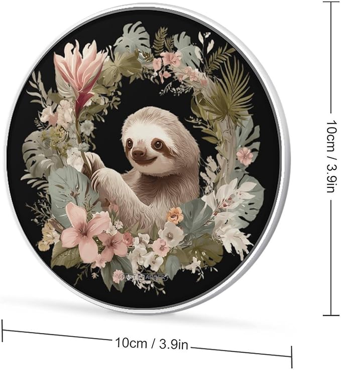 Sloth Botanical Wreath Fast Portable Charger 10W Funny Graphic Phone Charging Pad with USB Cable