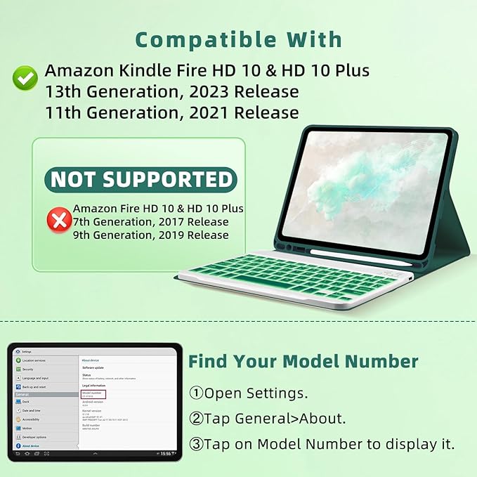 Keyboard Case for Amzaon Fire HD 10/10+ Plus (11/13th Generation) Case with Keyboard - 7 Colors Backlit Keyboard Protective Case and Mouse (Dark Green)