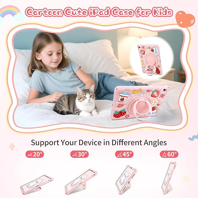 Case for iPad A16 11th Generation 2025 10th Generation Case 2022 for Kids Girls with 360 Degree Kickstand Shoulder Strap Pink Heavy Duty Shockproof Protective iPad 11 inch 10.9 inch Cover