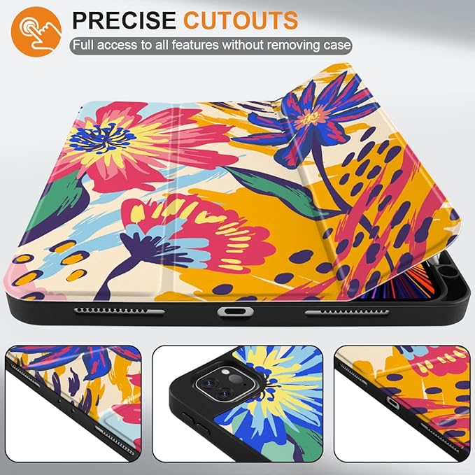 MEEgoodo for iPad Pro M2 12.9 Case 6th/5th/4th/3rd Generation 2022 2021 2020 2018 with Pencil Holder Tablet Cover with Soft TPU Back Shell Art Painted Flowers