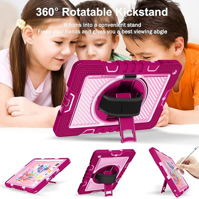Shockproof Case for iPad 9th/8th/7th Generation 10.2 with Shoulder Strap Techcircle Heavy Duty Rotating Kickstand Hand Strap Rugged Defender Protective Case w/Pencil Holder Rose+Pink