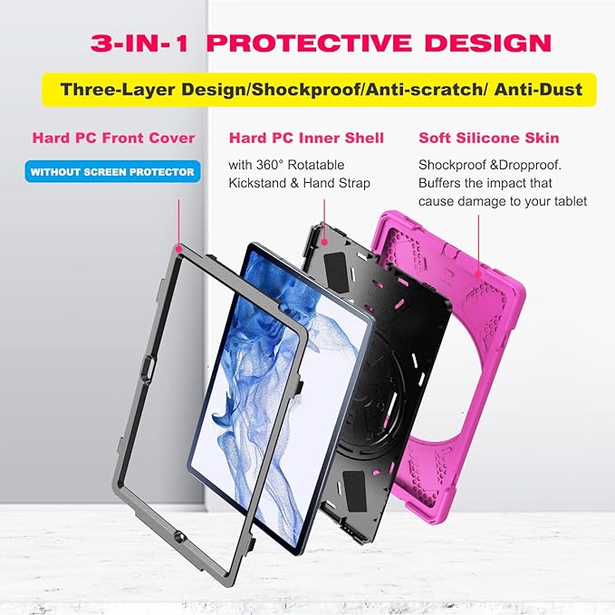 BRAECN for Samsung Galaxy Tab S10 Plus Case 2024/S9 Plus/S9 FE+/S8 Plus/S7 Plus /S7 FE 12.4 InchHeavy Duty Shockproof Case with S Pen Holder&amp360 Rotating Hand Strap/Kickstand Shoulder StrapPink