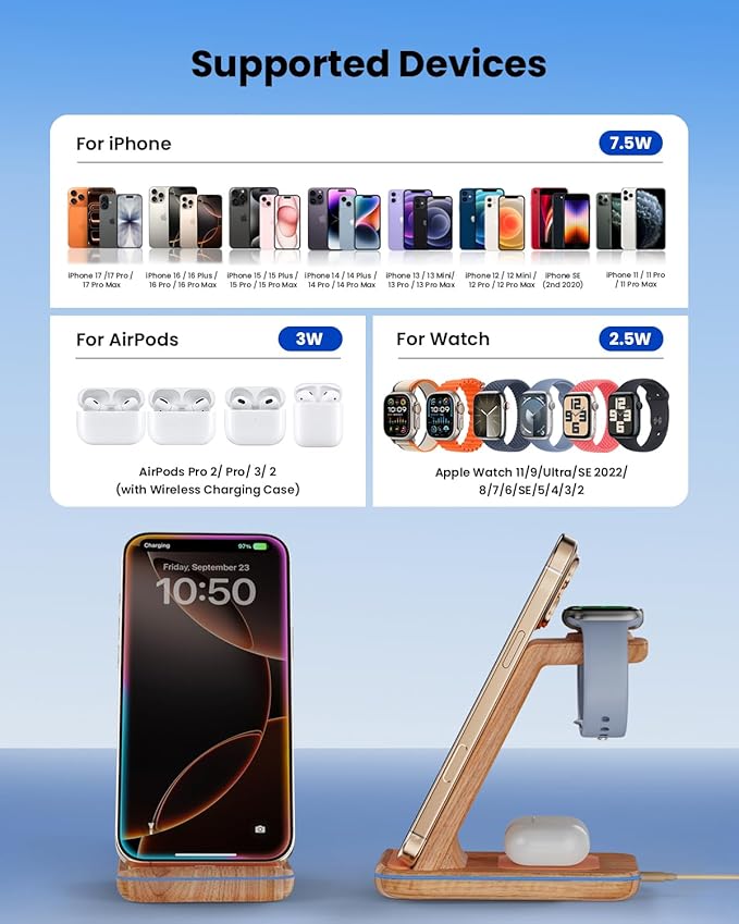 3 in 1 Wireless Charging Wireless Charger Stand for Multiple Apple Devices Wireless Charger for iPhone 17 16 15 14 13 12 11 Pro Max XS XR 8 Apple Watch 11 9 8 7 6 SE 5 4 3 2 AirPods 3/2/Pro