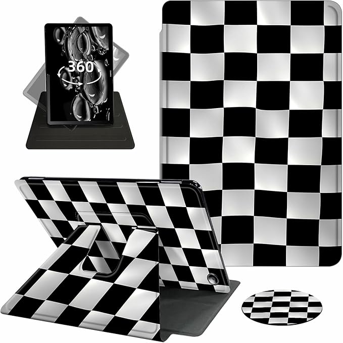for Amazon Fire 7 Tablet Case (12th Generation2022 Release)360 Degree Rotating Swivel PU Leather Stand Folio Cover with Auto Wake/Sleep for Amazon Fire 7 Kids TabletBlack White Checkere
