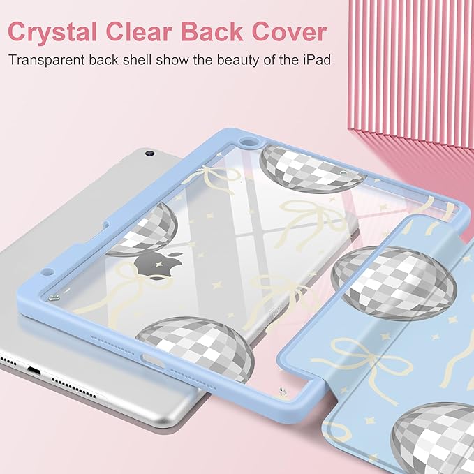 MEEgoodo Case for iPad 10.2 inchTablet Cases for iPad 9th Generation 2021/8th Gen 2020/7th Gen 2019 with Clear Acrylic Back Shell+Pencil Holder+Auto Wake/Sleep+Trifold StandSilver Disco Balls &amp