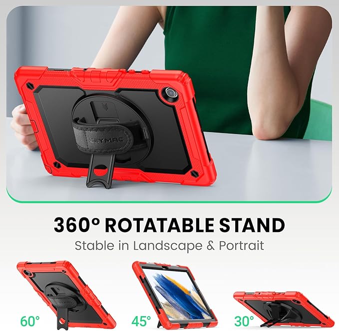 SEYMAC for Samsung Galaxy Tab A8 Case 10.5 Inch (SM-X200/ X205/ X207) Heavy Duty Full-Body Shockproof Protective Case with Screen Protector Rotating Stand Hand/Shoulder Strap and Pen Holder Red