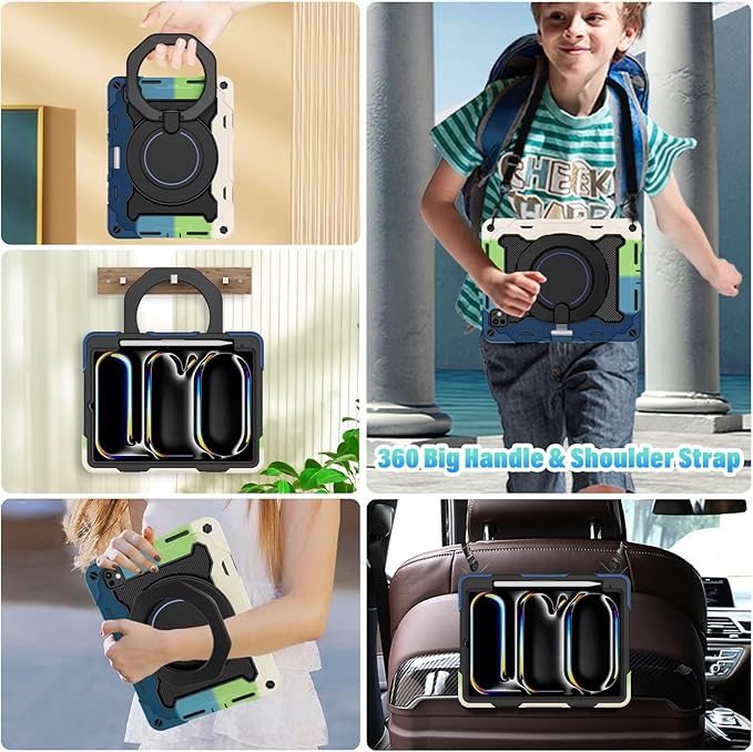 ROISKIN for iPad Pro 11 inch Case (M5/M4 (2025/2024)) Pro 11'' 6th/5th Gen -with HD Screen Protector 360 Kickstand/Handle Shoulder Strap Pen Holder Heavy Duty Military Grade - Kids Friendly