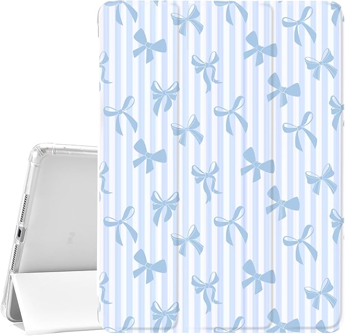 JOYLAND White Pad Case for iPad 5th/6th Generation 9.7 inchwith Pencil Holder-Auto Wake/SleepStripes&ampBlue Bow Pattern Anti-Scratch Shockproof Premium Folio Stand Case for iPad Air 2