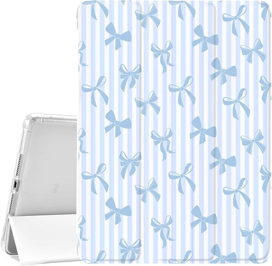 JOYLAND White Pad Case for iPad 5th/6th Generation 9.7 inchwith Pencil Holder-Auto Wake/SleepStripes&ampBlue Bow Pattern Anti-Scratch Shockproof Premium Folio Stand Case for iPad Air 2