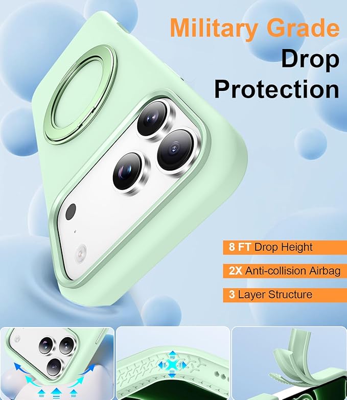 STERKER 360° Rotatable Stand Compatible with iPhone 17 Pro Case with Magnetic [Military Grade Drop Tested][Adjustable Kickstand] Ring Holder Silicone Slim Back Soft Edge Green