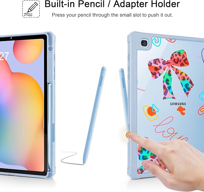 Mektron Case for Samsung Galaxy Tab S6 Lite 10.4 Inch 2024/2022/2020 with S Pen Holder Multi-Angle Viewing with Shockproof Cover Clear Shell + Trifold Stand + Auto Wake/Sleep Neon Bows-Blue
