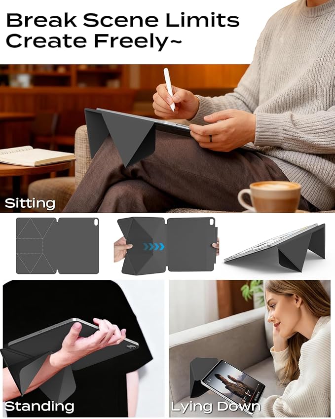 JKSML Dynamic Folio Case for iPad Air M4/M3/M2 11 &amp Air 4th/5th Gen 10.9 Detachable Pencil Holder 20+ Multi-Angle Origami Cover Slim &amp Ergonomic &amp Powerful Magnetic - Black