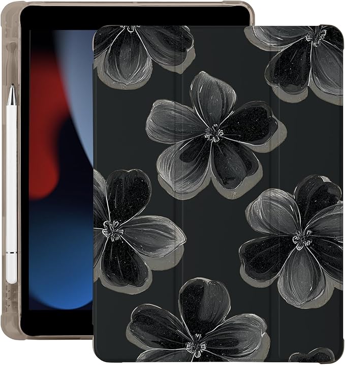 Cute Flower Floral for iPad 5th/6th Generation Case with Pencil Holder Auto Sleep/Wake Black Leather Soft TPU Back Cover for iPad 9.7 Inch