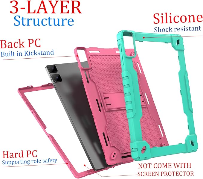 Doemoi case for DOOGEE T10 PlusUMIDIGI A13 10.5TECLAST T40HD T40Air 10.4 Hybrid Shockproof Protective Kids Firendly Case with Hard Shell Built in Kickstand Shoulder Strap (Green/Pink)