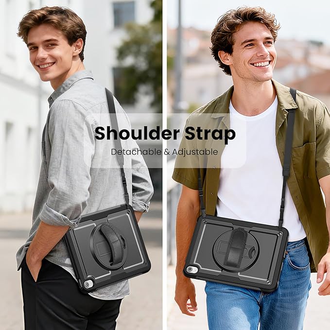 Case for iPad (A16) 11th/10th Generation 11''/10.9'' 2025/2022: Shockproof Protective Case with Hand/Shoulder Strap Pencil Holder Rotate Stand Screen Protector Black