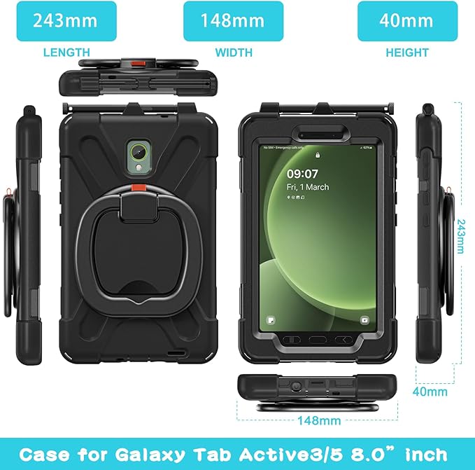 Rugged Case for Samsung Galaxy Tab Active5 5G (SM-X306B/X300) w/ 360° Rotating Hanging Ring Handle Grip Kickstand Heavy Duty Shock-Proof Armor Cover w/Shoulder Strap Stylus Holder (Black)
