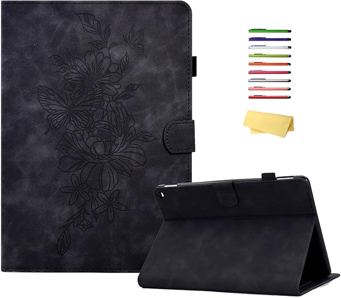 Folio Case for Amazon Kindle Fire HD 8/Fire HD 8 Plus (12th/10th Generation 2024/2022/2020) 8 with Stand/Pencil Holder [Auto Sleep/Wake] Embossed PU Leather Smart Cover Black Butterfly Flower