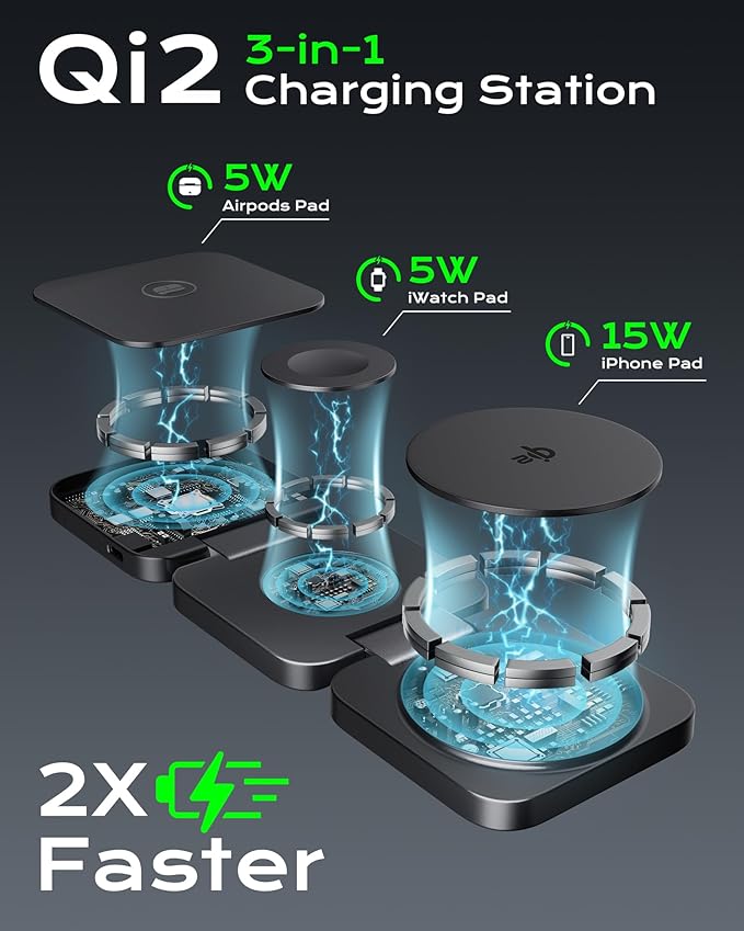 Qi2 Certified 3 in 1 Travel Charger MagSafe Compatible Upgraded Foldable Wireless Charger Stand Mag-Safe 3 in 1 Charging Station15W Fast Charging for iPhone 17/16/15/14/13/12 Apple Watch AirPods