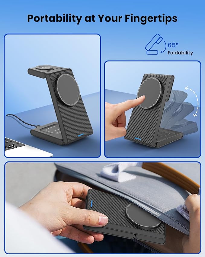 3 in 1 Wireless Charging Station Foldable Magnetic Wireless Charger Stand for Multiple Devices Wireless Charger for iPhone 16/15/14/13/12 Apple Watch 9/8/7/6/SE/5/4/3/2 AirPods 3/2/Pro