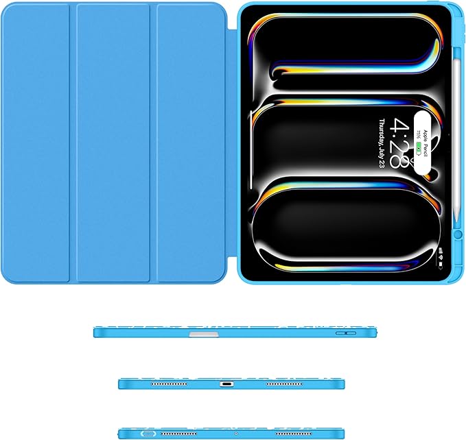 Soke Case for New iPad Pro 13 Inch (M5/M4 2025/2024 Release) with Pencil Holder Trifold Stand Shockproof [Support Apple Pencil Charging + Auto Wake/Sleep] Soft TPU Back Cover Book Blue