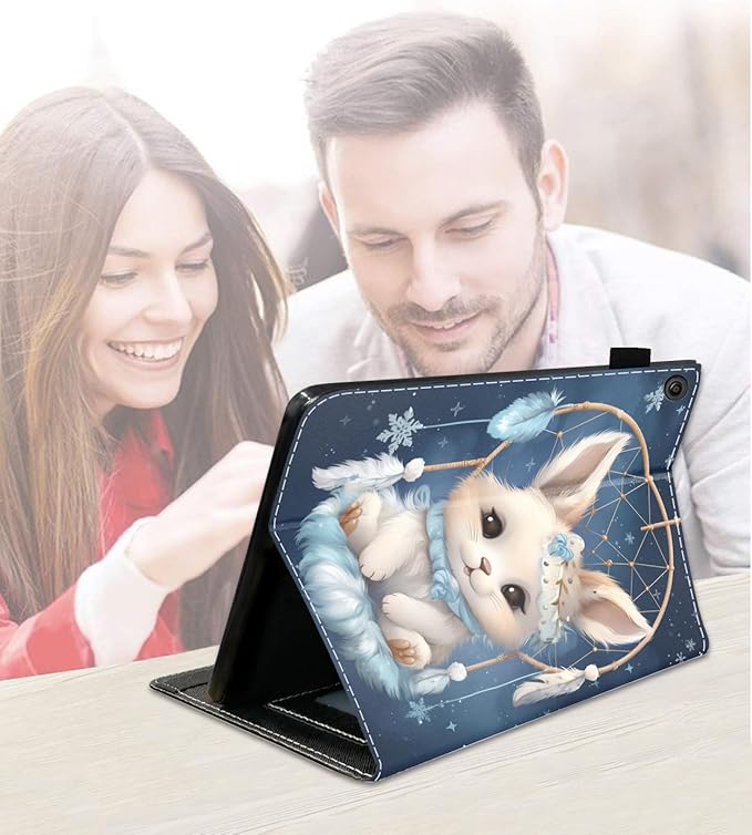Case for Amazon Kindle Fire 7 Tablet (7 9th/7th Generation 2019/2017 Release) Slim PU Leather Cover with Card Slot &amp Auto Wake/Sleep Dreamcatcher Rabbit