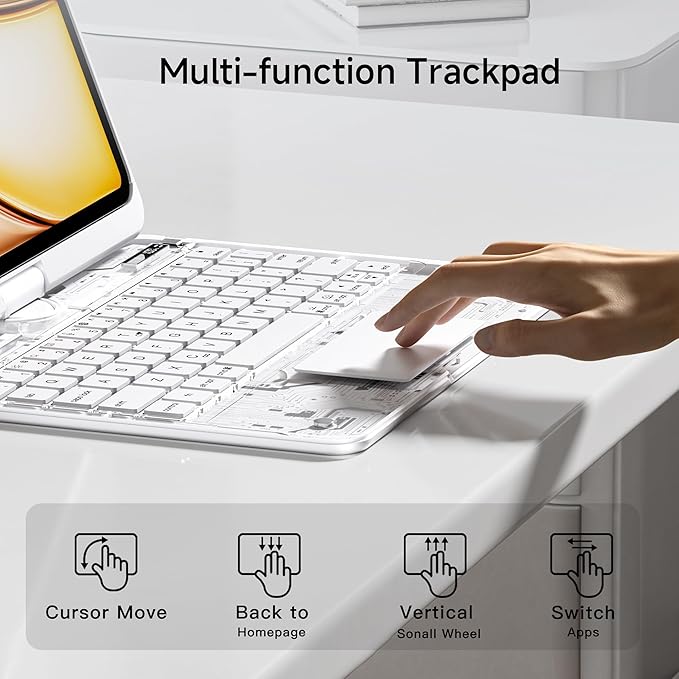 Transparent Keyboard Case for iPad Pro 13 Inch (M5 2025/M4 2024) with Multi-Touch Trackpad 360° Rotating Stand 7-Color 3-Level Backlit Wireless Bluetooth Pencil Holder White