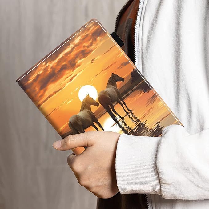 Case for All-New Amazon Kindle Fire HD 10 &amp 10 Plus Tablet 10.1 (13th/11th Generation 2023/2021 Release) - PU Leather Folio Case with Smart Auto Wake/Sleep Horse at Sunset