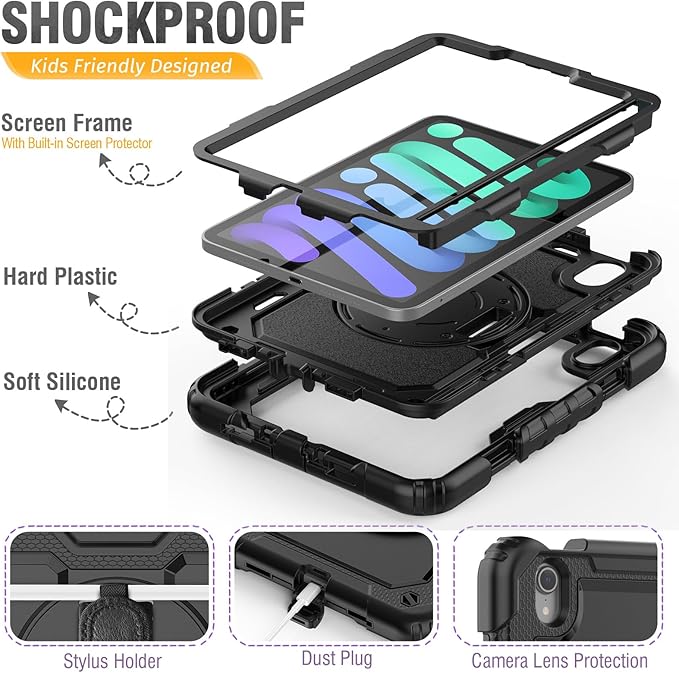 HXCASEAC Case for iPad mini 7 (A17 Pro) / iPad mini 6 Case 8.3 inch Full Body Protective with Carrying Strap Hand Strap Protector Pencil Holder 360 Rotating Stand A2995 A2993 A2567 A2568 Black