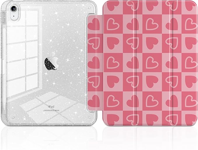 MEEgoodo Case for iPad A16 11th Generation 2025/10th Generation 2022 Glitter Tablet Cases with Transparent Acrylic Back+Trifold Stand +Pencil Holder+Auto Wake/SleepHearts &amp Pink Checkered