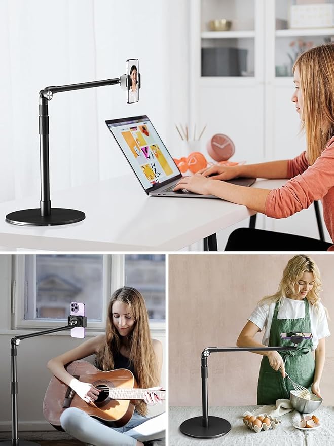 elitehood Heavy Duty Aluminum Overhead Phone Stand 15 in Long Arm iPhone Holder for Video Recording 360 Degrees Swivel Tilt Overhead Phone Mount for Filming Meeting Cooking Painting and Crafting