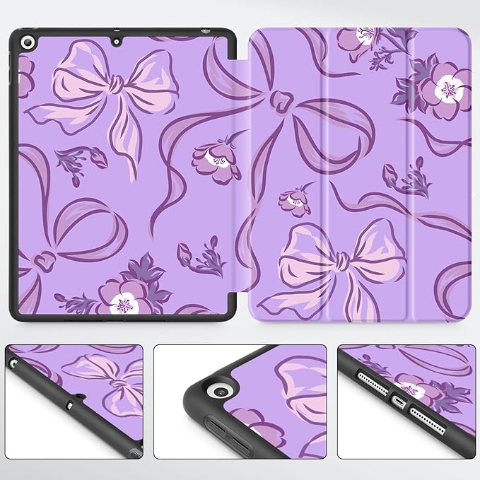 Mektron Designed Printed iPad 10.2 Case 9th Gen (2021)/ 8th Gen (2020)/ 7th Gen (2019) with Pencil Holder Slim Protective Case with Soft TPU Back for iPad 10.2 inch Flowers-Bows-Purple
