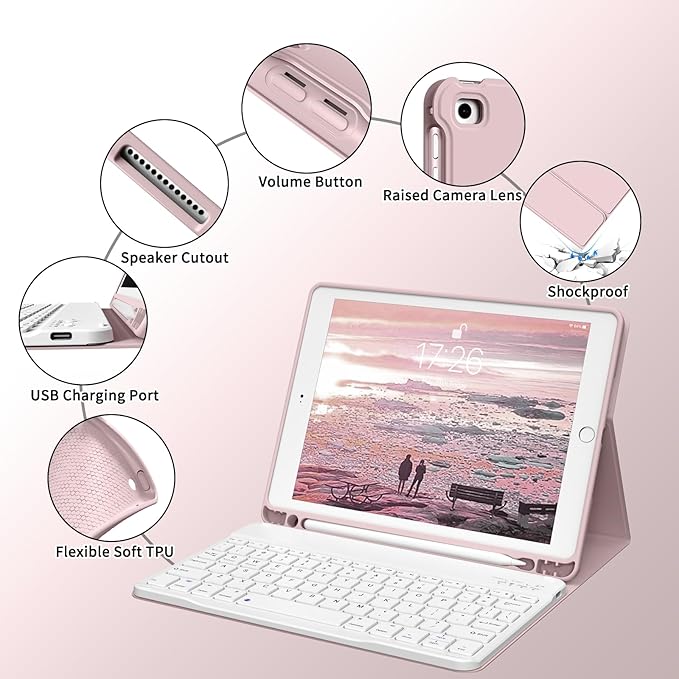 kenke for iPad 6/5th Generation Case with Keyboard 9.7 Inch 2018/2017 iPad Air 2/1 Detachable Wireless Bluetooth iPad Keyboard Case with Built-in Left Side Pencil Holder Auto Wake/Sleep (Pink)