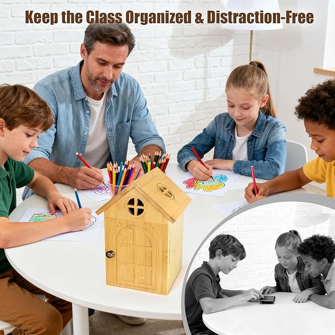 Cell Phone Box for Family Time — Premium Bamboo Phone Storage Box with Charging Ports Holds Up to 6 Phones Self-Discipline Phone Holder Helps Children and Adults Regain Focus Decorative