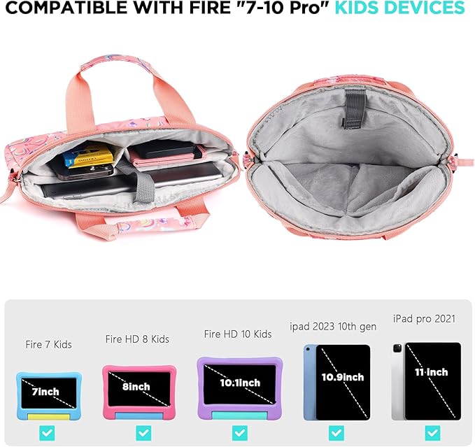 Kids Tablet Bag for Girls Kids Tablet Carrying Case for Fire HD 10 HD 8 Fire 7 Sleeve Bag Kid Kindle Bag iPad Bag for Kid Rainbow Unicorn Pink