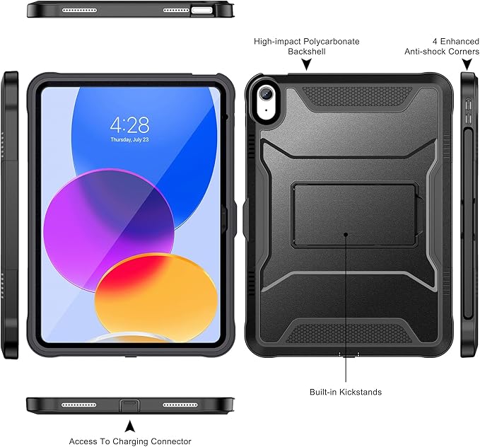 Soke Case for iPad (A16) 11th Generation 11-inch 2025 iPad 10th Generation 10.9-inch 2022 with Built-in Screen Protector and Kickstand Rugged Full Body Protective Cover - Glossy Black