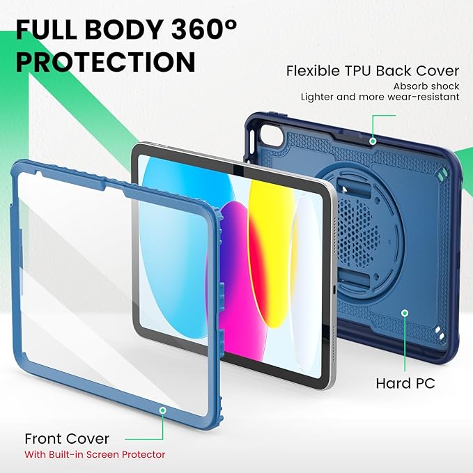 SEYMAC for iPad (A16) 11th/10th Generation Case 2025/2022 (11″/10.9″) Full-Body Shockproof Protective Case with Screen Protector Rotating Stand Hand/Shoulder Strap Navy Blue