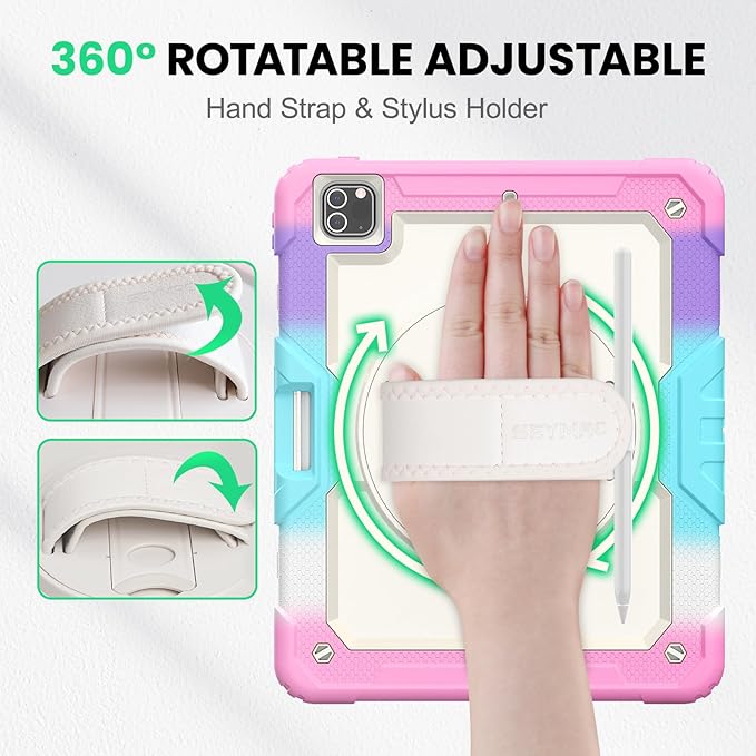 SEYMAC Case for iPad Pro 12.9 2022/2021/ 2020/2018 Heavy Duty Protection Shockproof Case with Screen Protector 360° Rotating Stand/Handle/Shoulder Strap Supports Pencil 2 Charging Colorful Pink